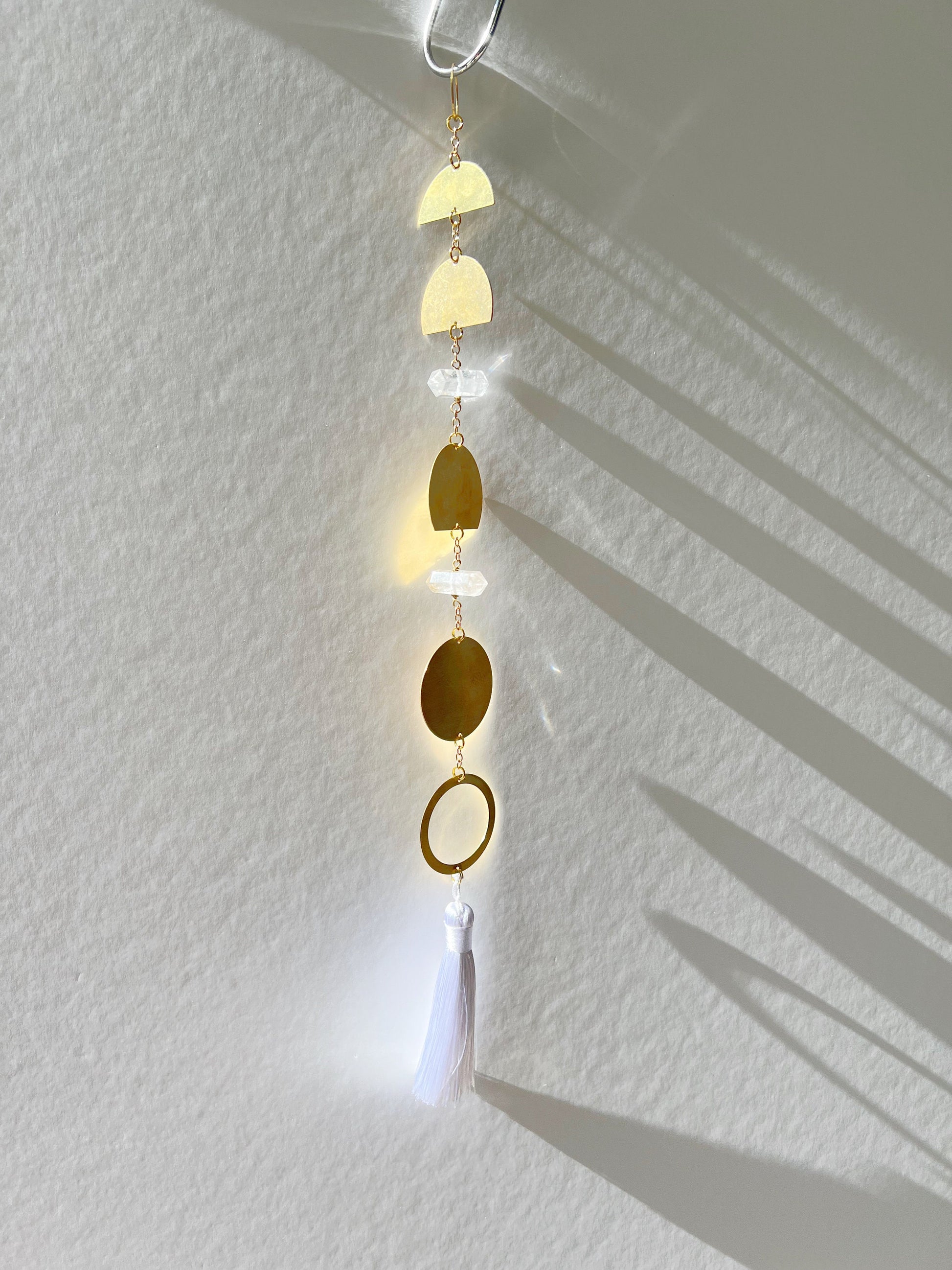 Handcrafted Brass Moon Phases Wall Hanging Art Sun Catcher Crystal Brass Moon Wall Hanging Art Real Natural Stone Clear Quartz White Tassel