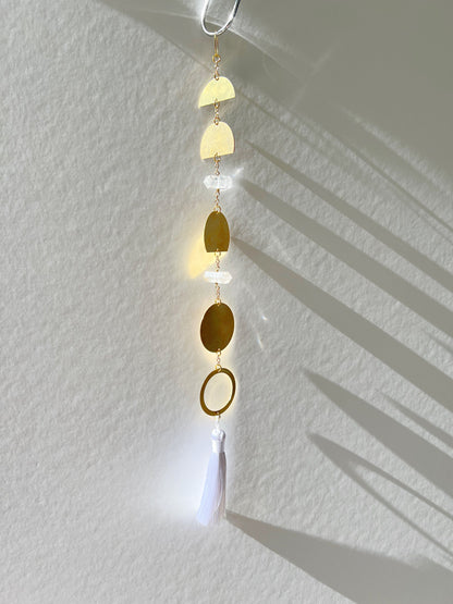 Handcrafted Brass Moon Phases Wall Hanging Art Sun Catcher Crystal Brass Moon Wall Hanging Art Real Natural Stone Clear Quartz White Tassel