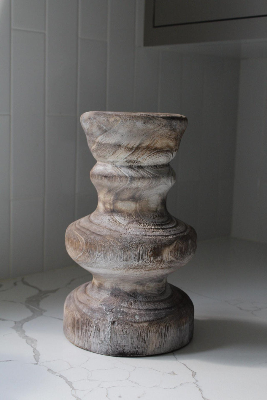 Shabby Chic Vase Farmhouse Wood Display Whitewashed Finish Country Style Accent Large Standing Container Vintage Look Design Dried Flower Holder Rustic Home Decor Traditional Collection Distressed Wood Construction Decorative Essential