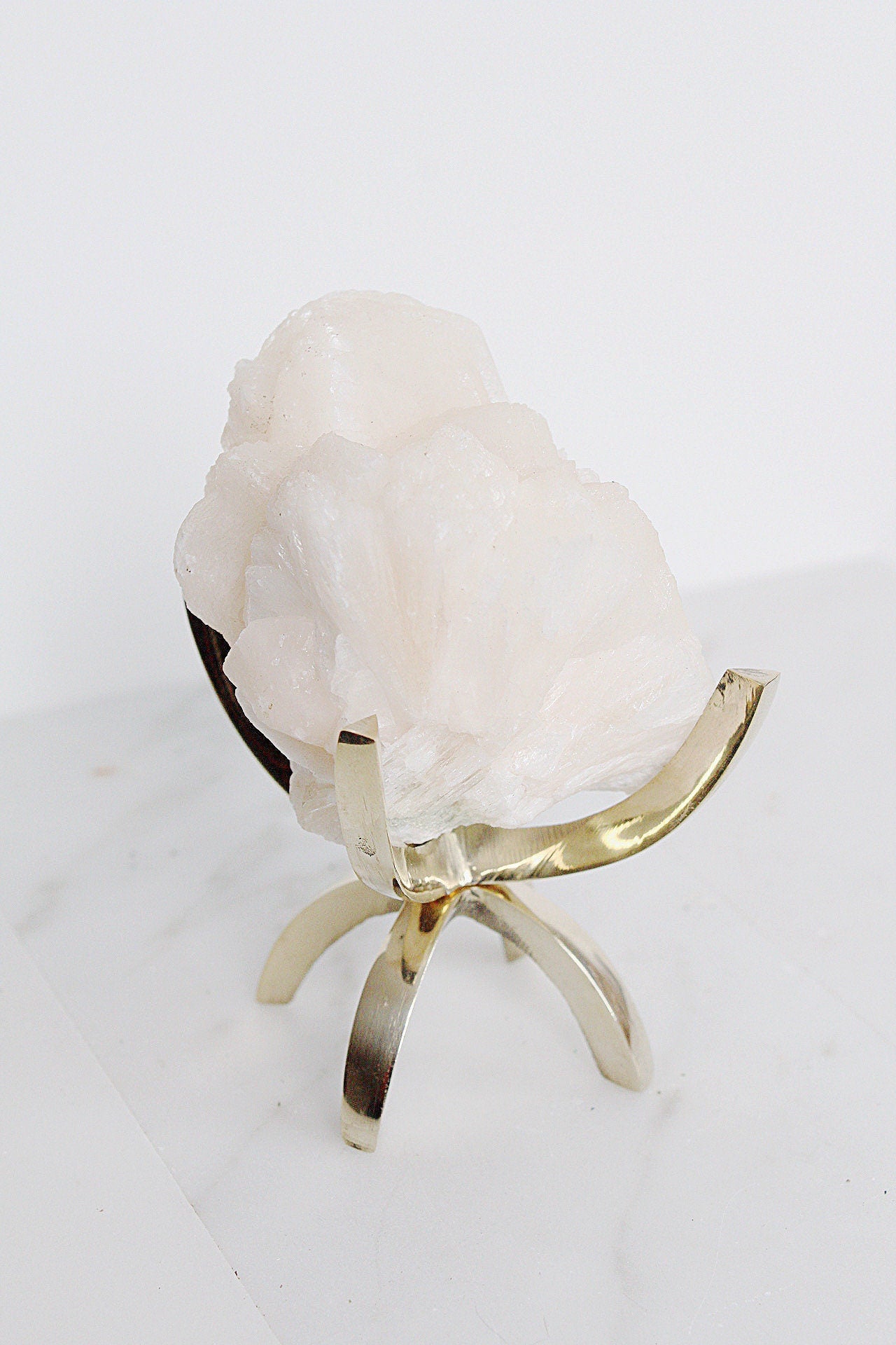 Pink Stilbite Quartz Crystal on Brass Claw Stand – Boho Decor Accent