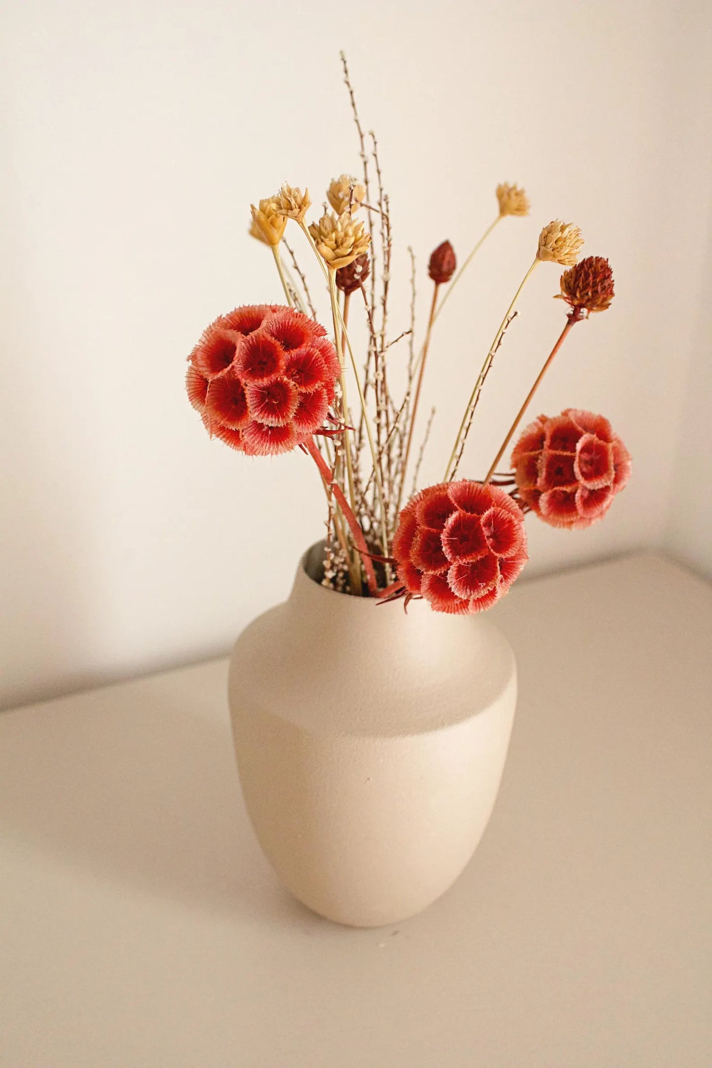 Dried Flower Bouquet with Coral Scabiosa and Yellow Daisy – Floral Arrangement