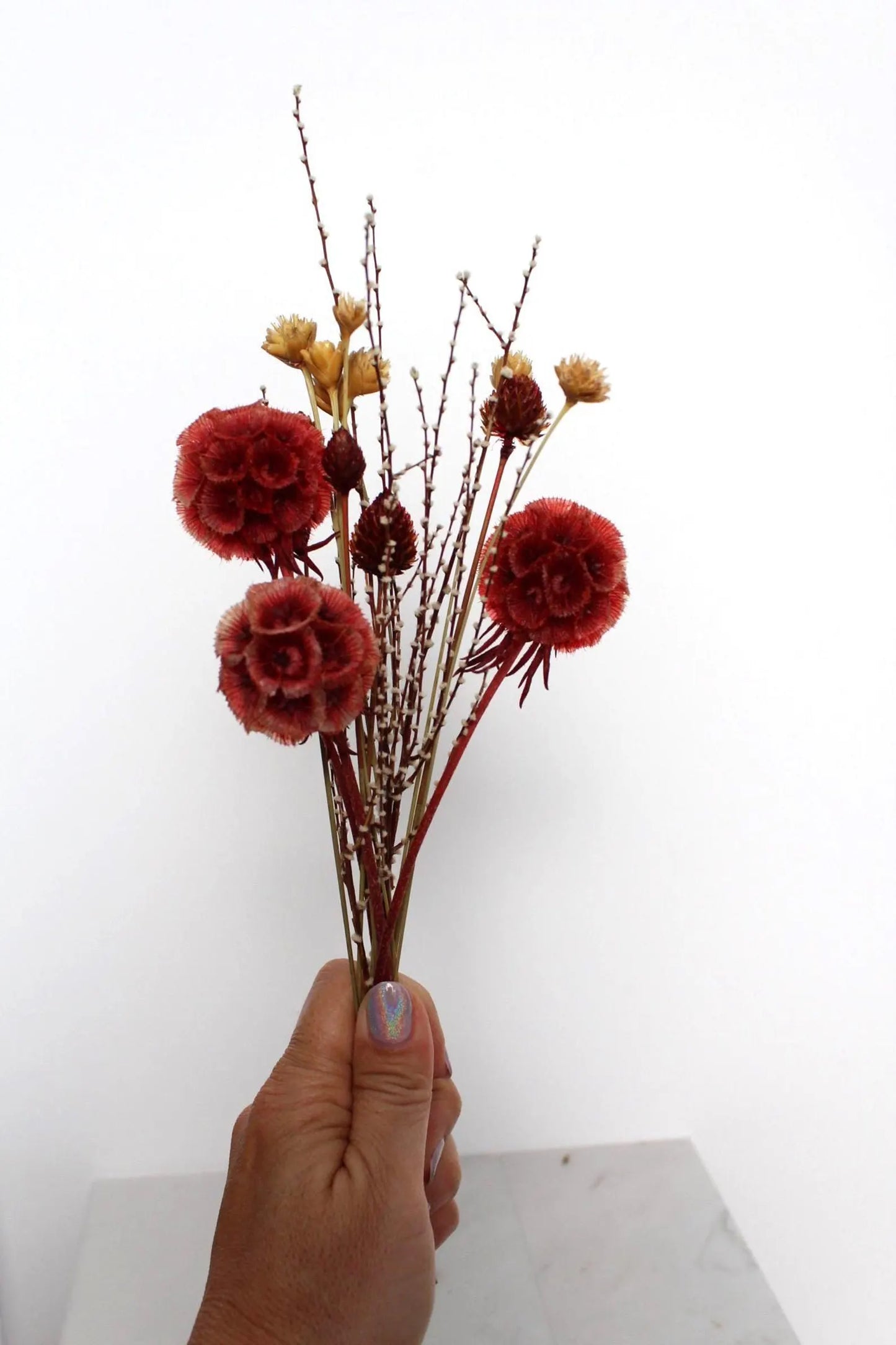 Dried Flower Bouquet with Coral Scabiosa and Yellow Daisy – Floral Arrangement