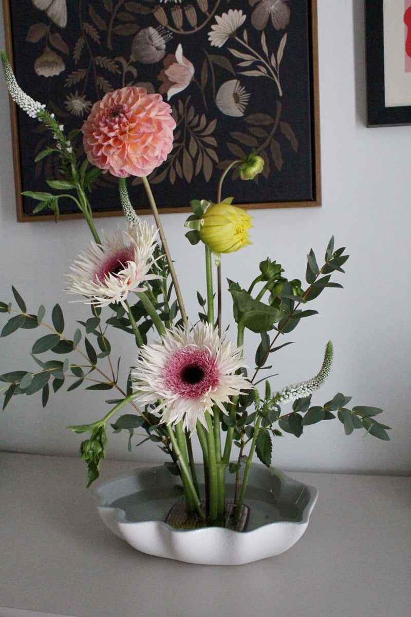 Powder Blue Ikebana Bowl – Modern Coastal Flower Arrangement