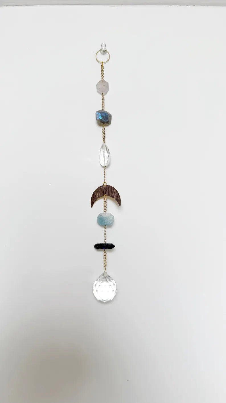 Blue Crystal Suncatcher – Gemstone Moon Wall Hanging