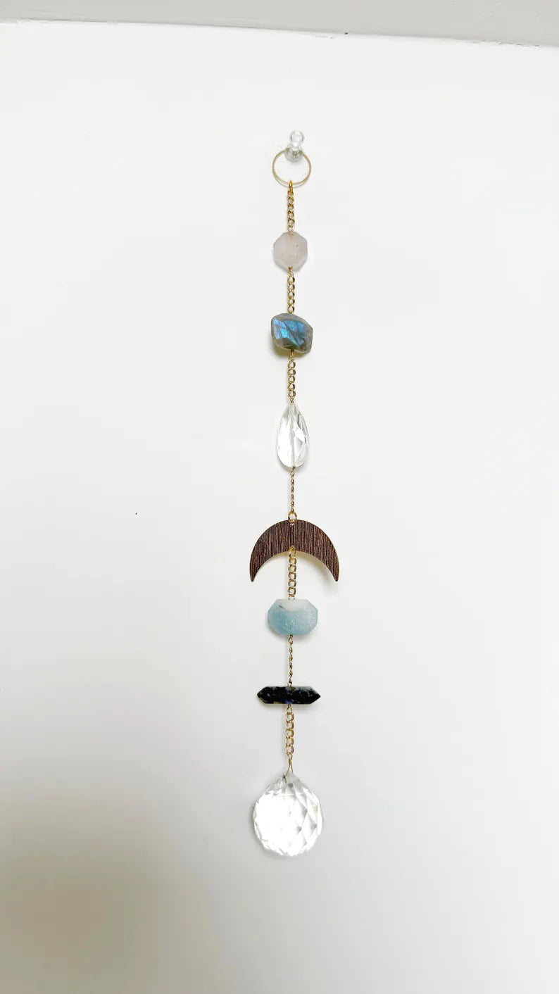 Blue Crystal Suncatcher – Gemstone Moon Wall Hanging