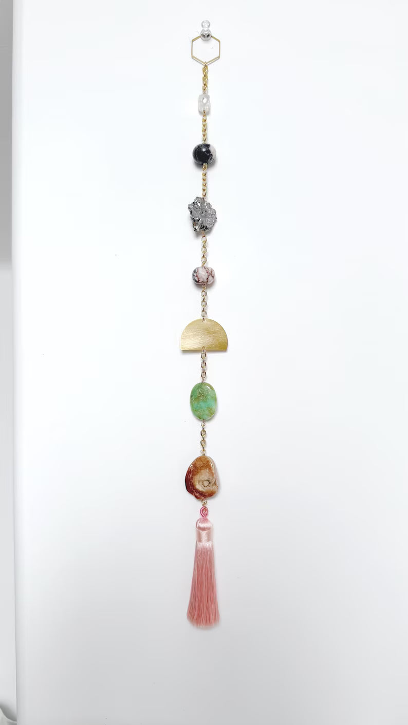 Pink Moonstone Druzy Suncatcher – Boho Crystal Wall Hanging