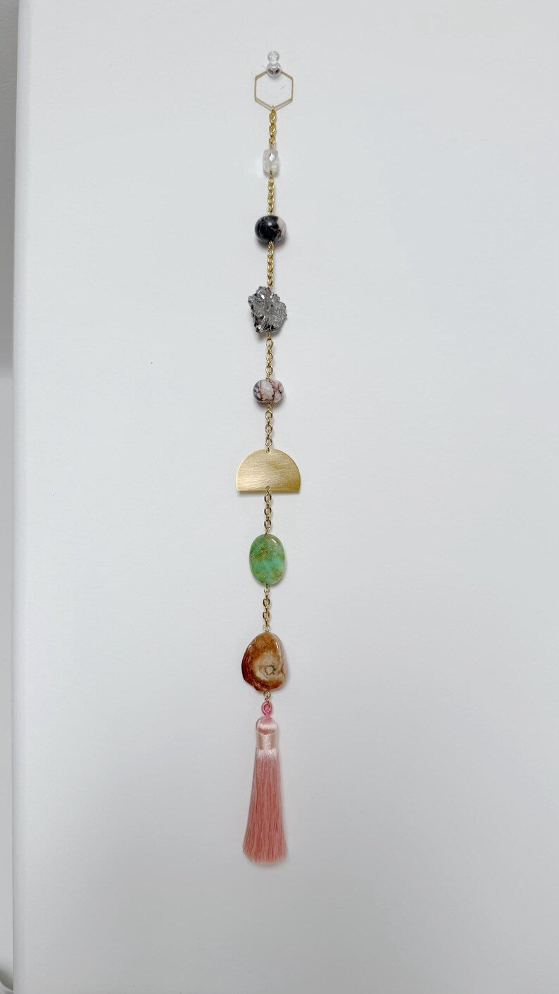 Pink Moonstone Druzy Suncatcher – Boho Crystal Wall Hanging