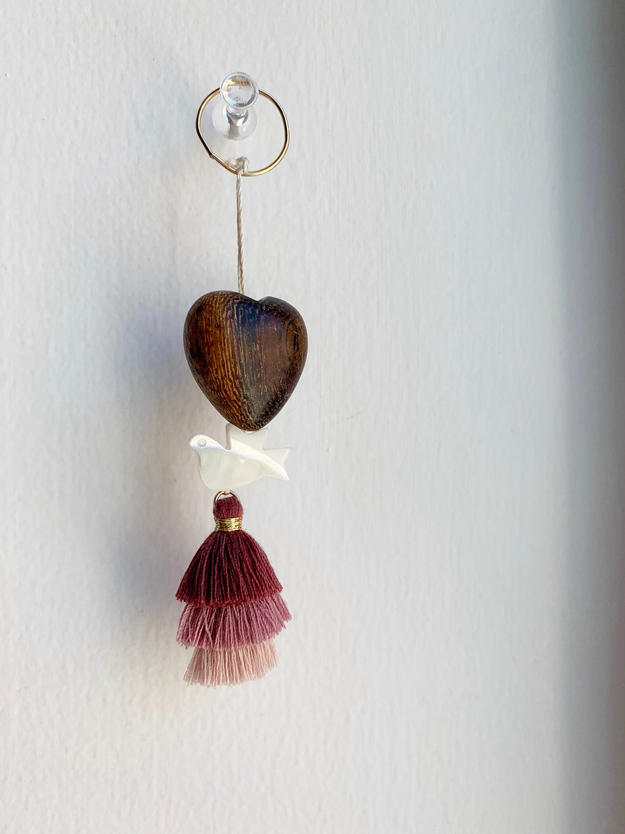 Boho Mother of Pearl Dove & Wood Heart Tassel Wall Hanging Art | Sun Catcher | Christmas Ornament