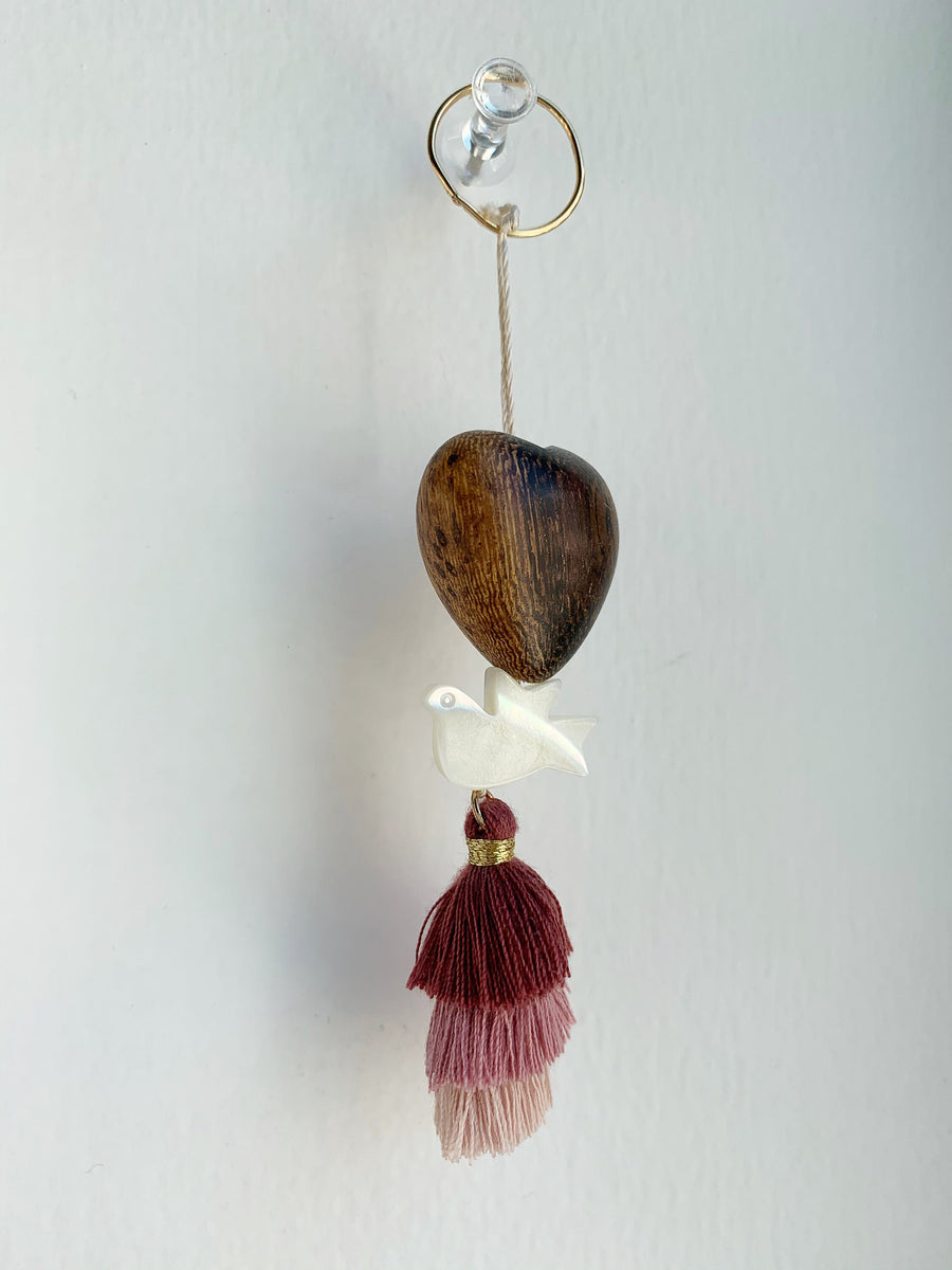 Boho Mother of Pearl Dove & Wood Heart Tassel Wall Hanging Art | Sun Catcher | Christmas Ornament