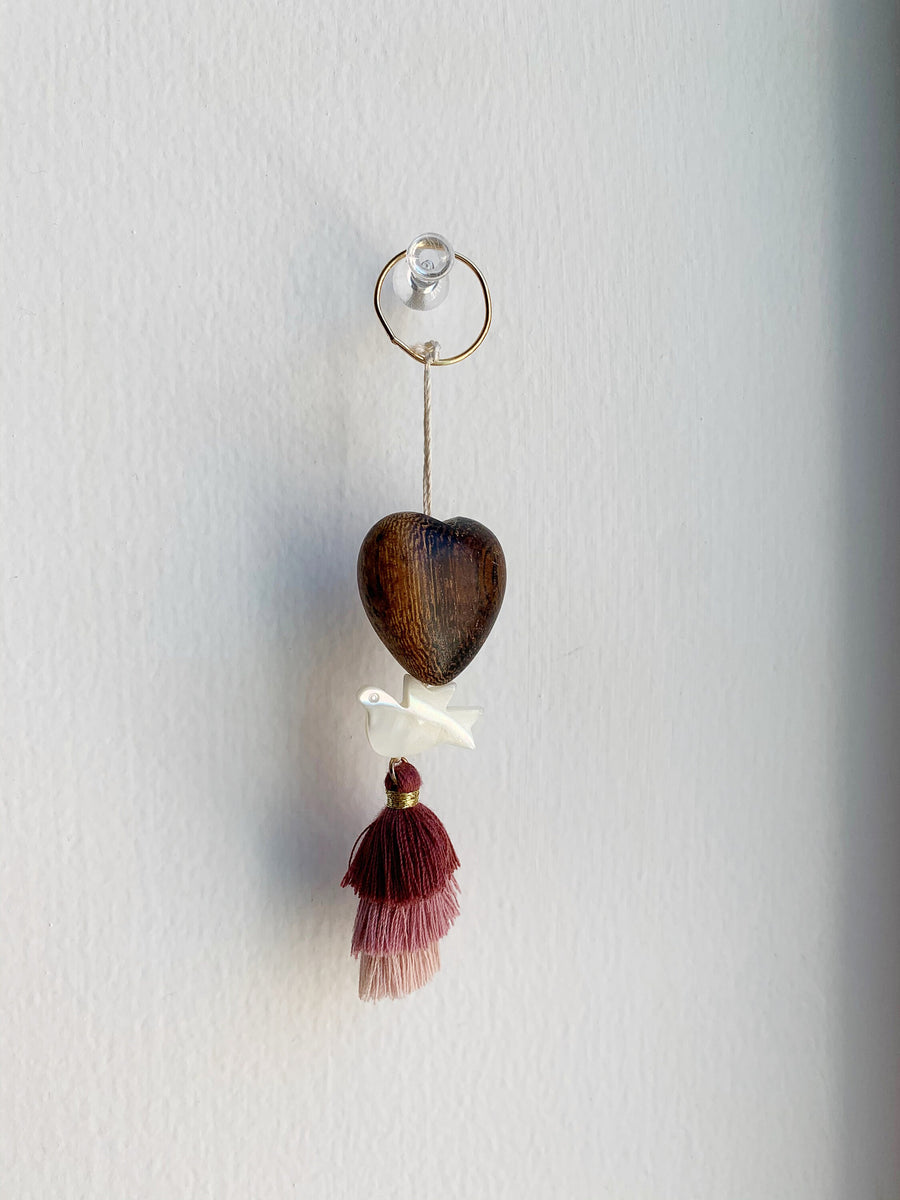 Boho Mother of Pearl Dove & Wood Heart Tassel Wall Hanging Art | Sun Catcher | Christmas Ornament