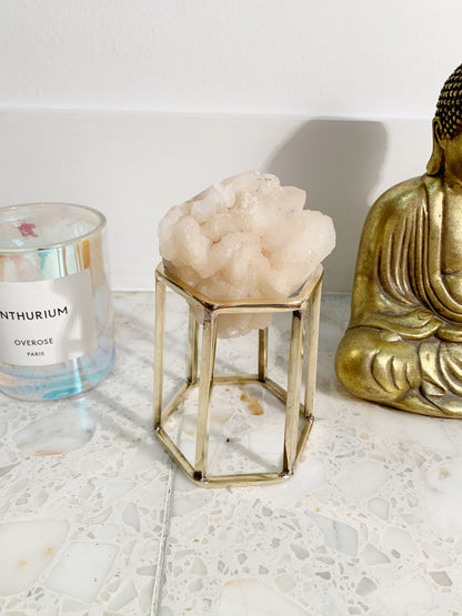 Brass Crystal Hexagonal Display Stand - Gold Geometric Candle & Sphere Holder