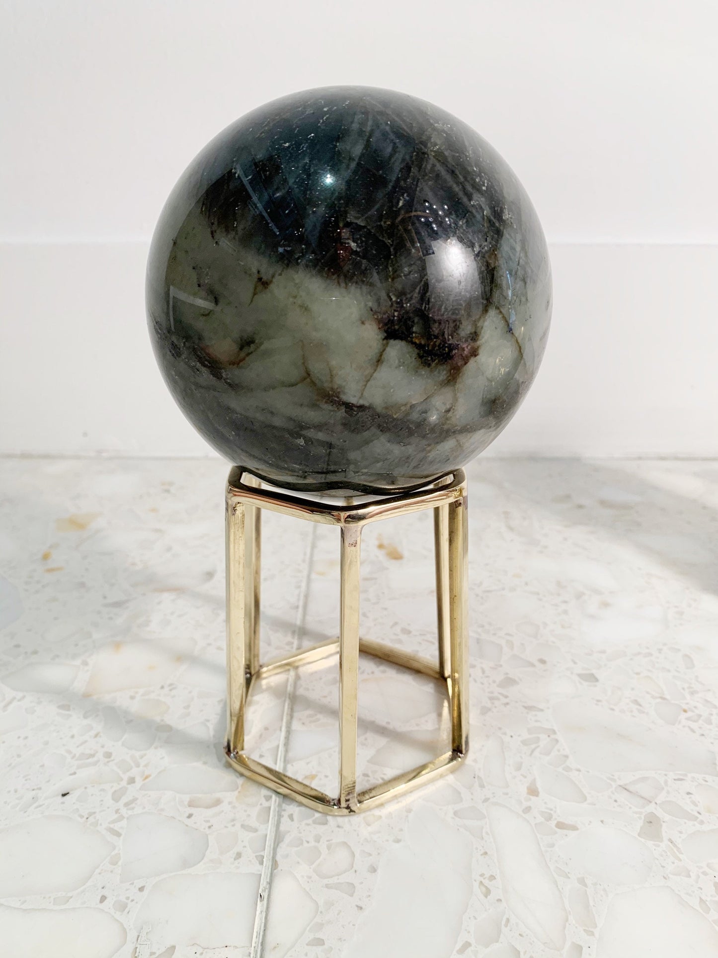 Brass Crystal Hexagonal Display Stand - Gold Geometric Candle & Sphere Holder