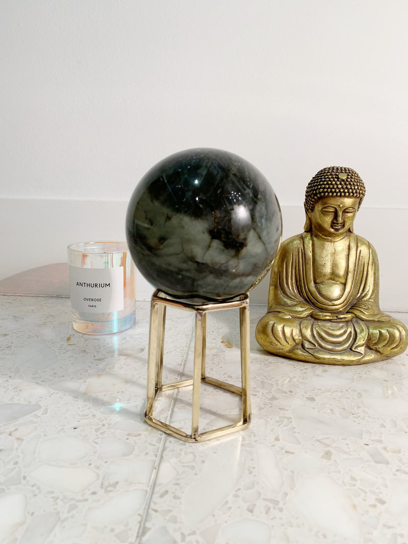 Brass Crystal Hexagonal Display Stand - Gold Geometric Candle & Sphere Holder