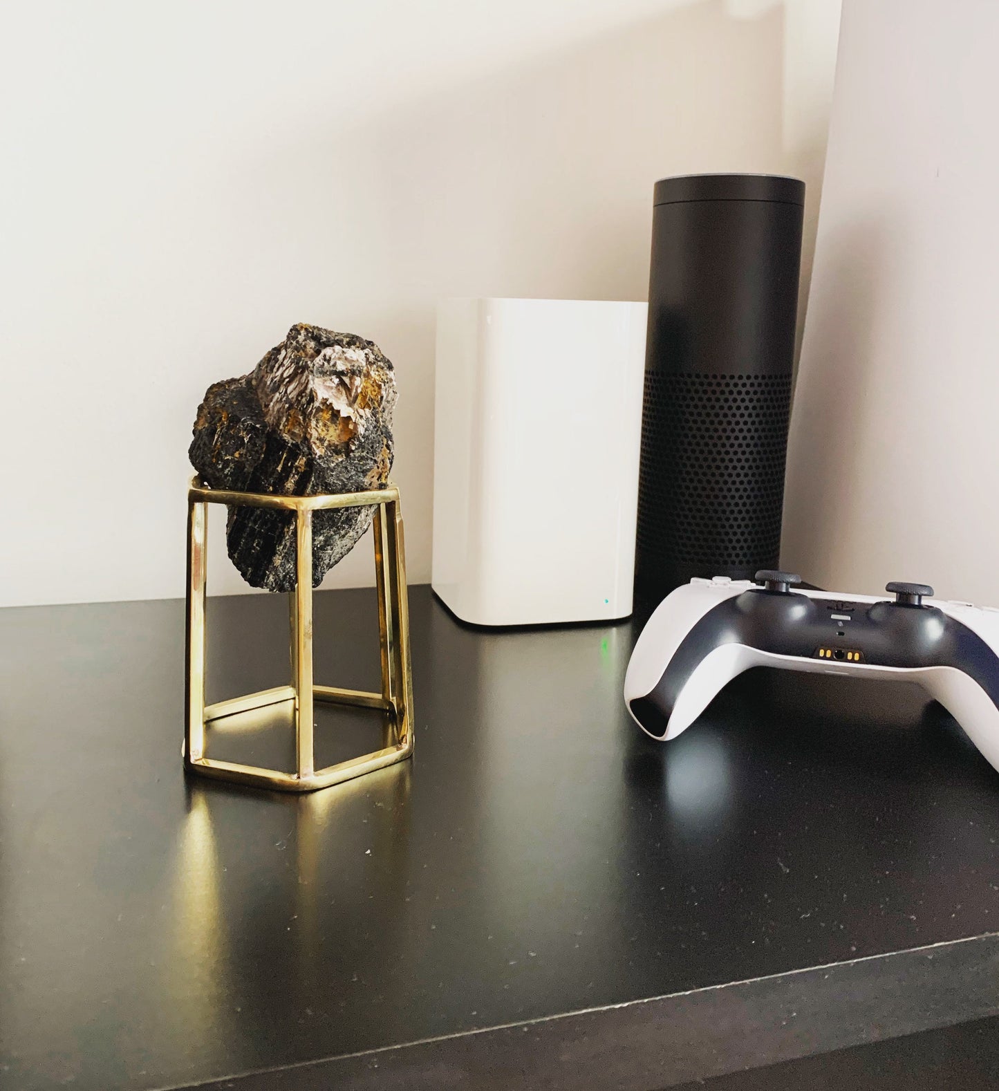 Brass Crystal Hexagonal Display Stand - Gold Geometric Candle & Sphere Holder