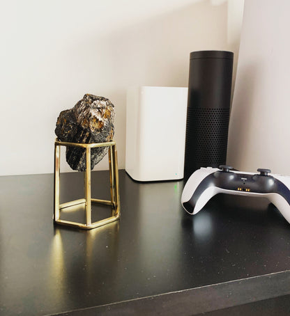 Brass Crystal Hexagonal Display Stand - Gold Geometric Candle & Sphere Holder