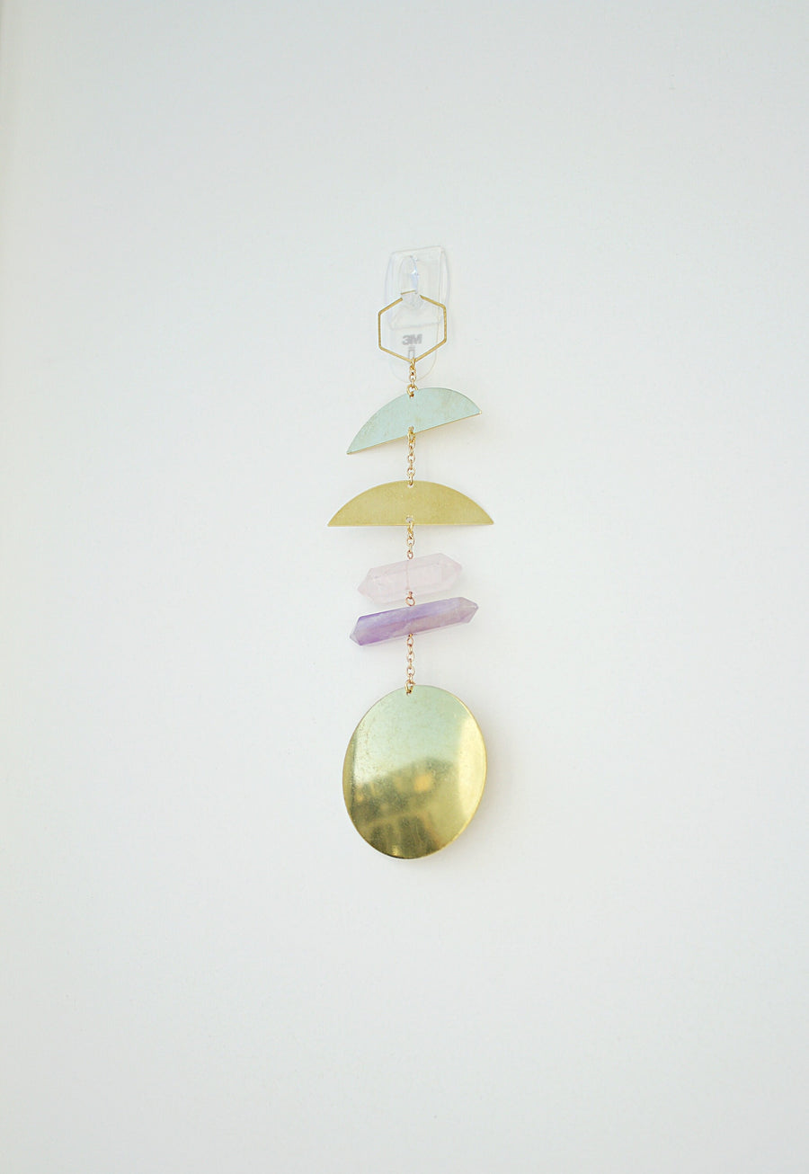 Modern Brass & Rose Quartz and Amethyst Crystal Wall Hanging Art | Sun Catcher