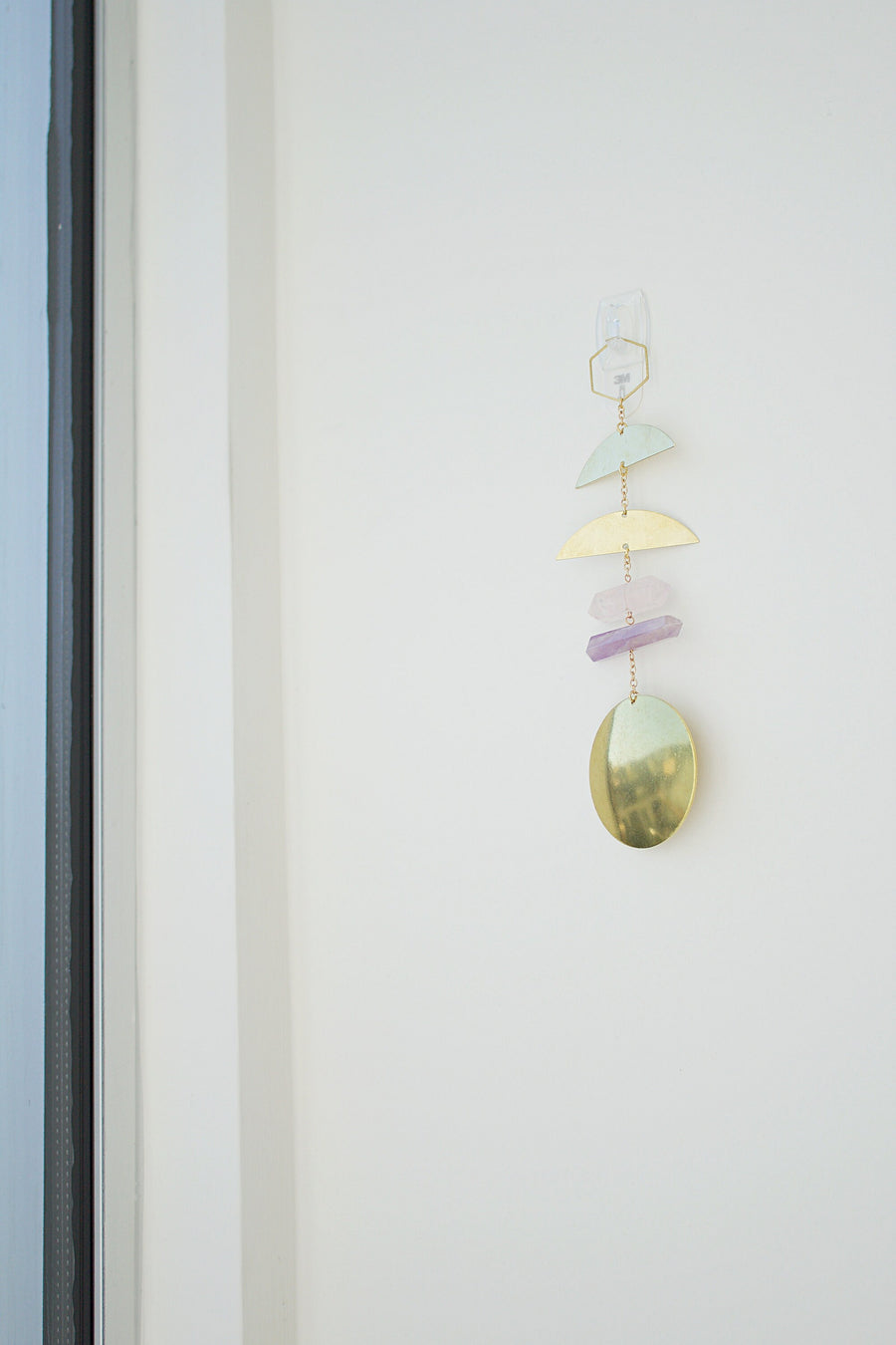 Modern Brass & Rose Quartz and Amethyst Crystal Wall Hanging Art | Sun Catcher