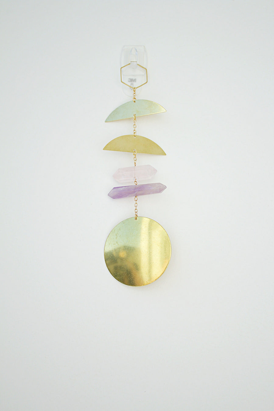 Modern Brass & Rose Quartz and Amethyst Crystal Wall Hanging Art | Sun Catcher