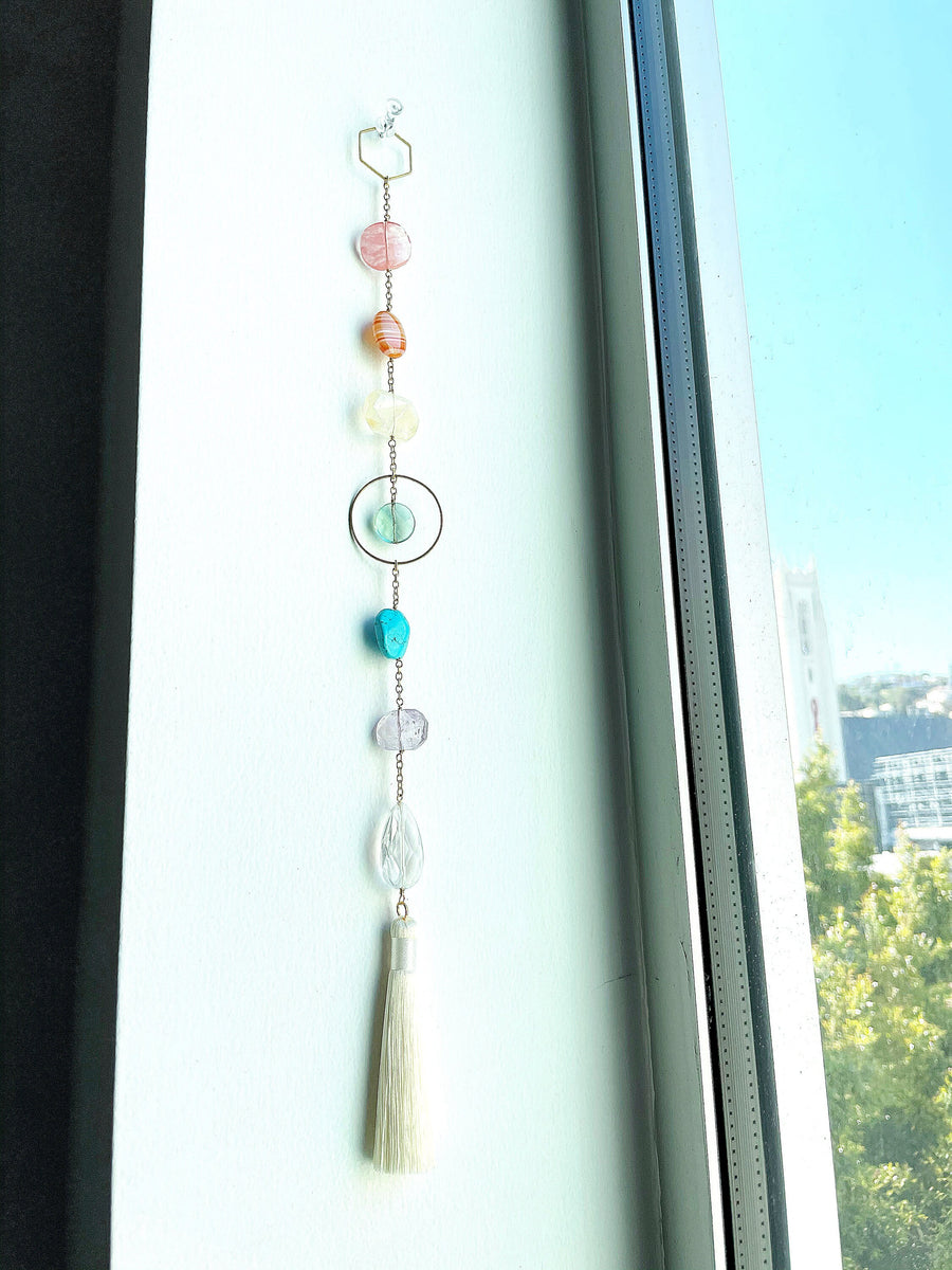 Modern Crystal Rainbow Brass Wall Hanging Art | Sun Catcher | Cherry Quartz Agate Amethyst