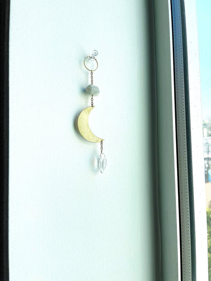 Modern Sun Catcher Light Catcher Brass Crescent Moonstone Clear Crystal Rock Quartz Wall Hanging Art Natural Clear Quartz and Gray Moonstone