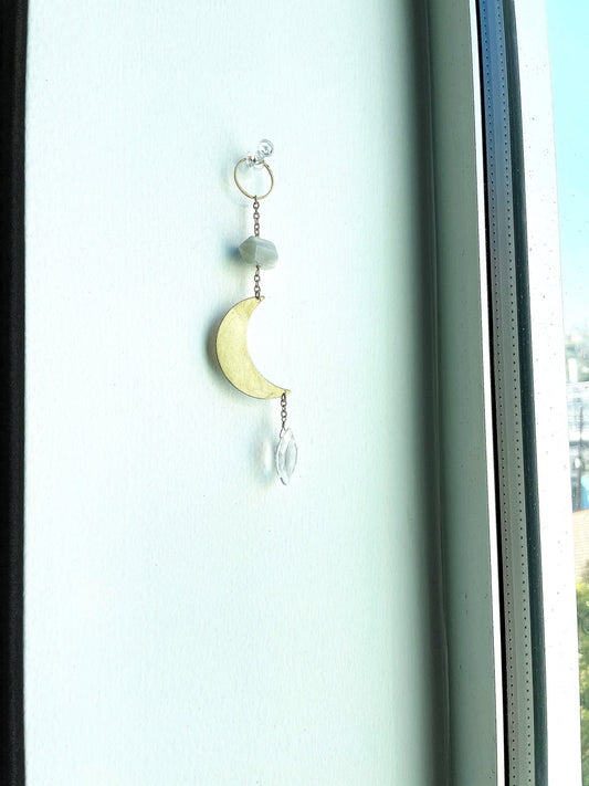 Modern Sun Catcher Light Catcher Brass Crescent Moonstone Clear Crystal Rock Quartz Wall Hanging Art Natural Clear Quartz and Gray Moonstone