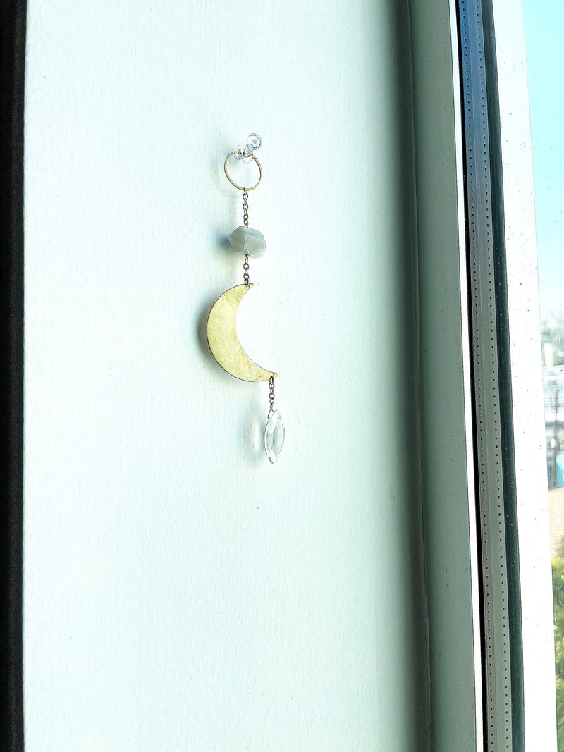 Modern Sun Catcher Light Catcher Brass Crescent Moonstone Clear Crystal Rock Quartz Wall Hanging Art Natural Clear Quartz and Gray Moonstone