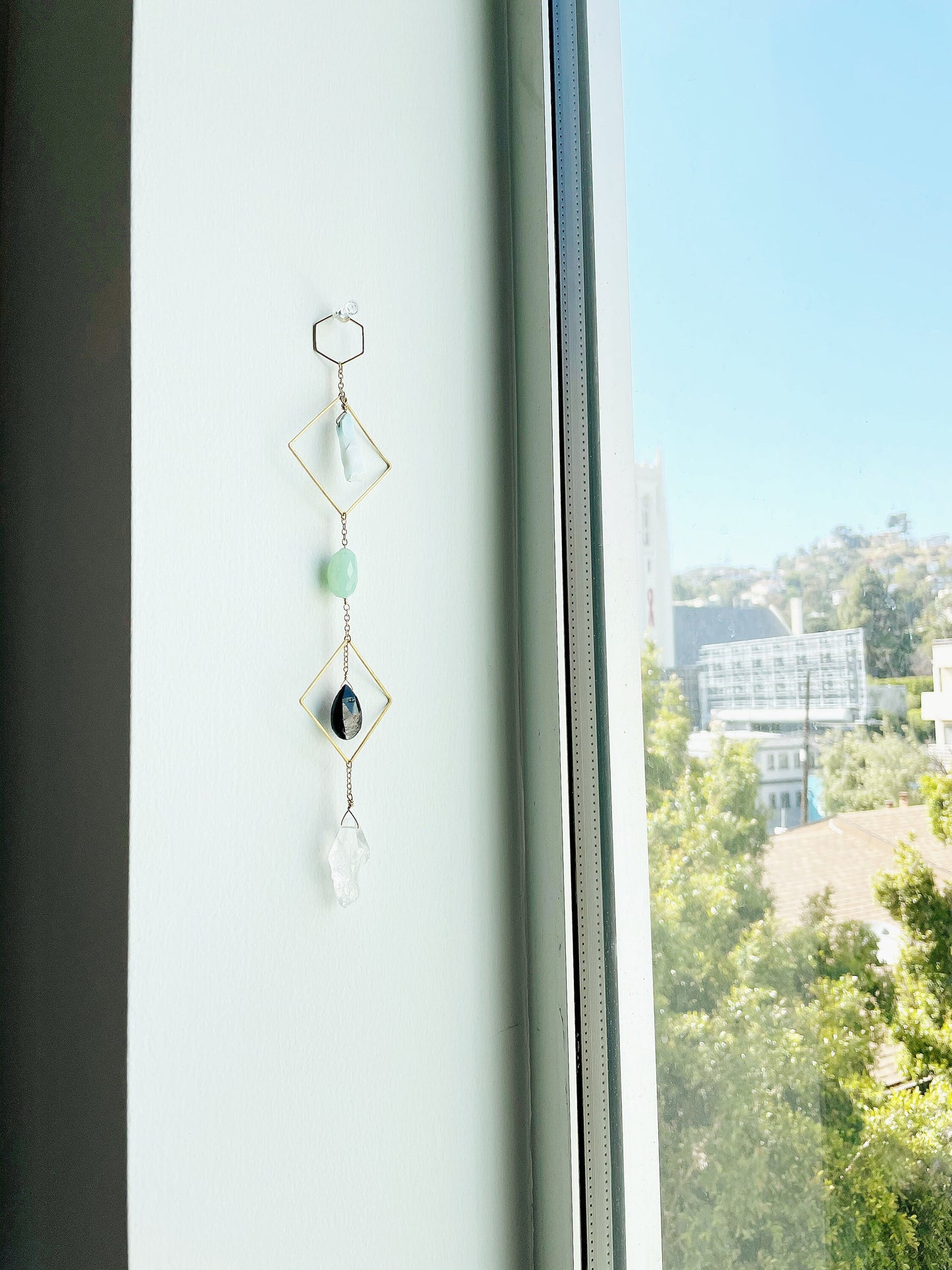 Modern Blue Crystal Wall Hanging Art - Sun Catcher with Larimar and Quartz