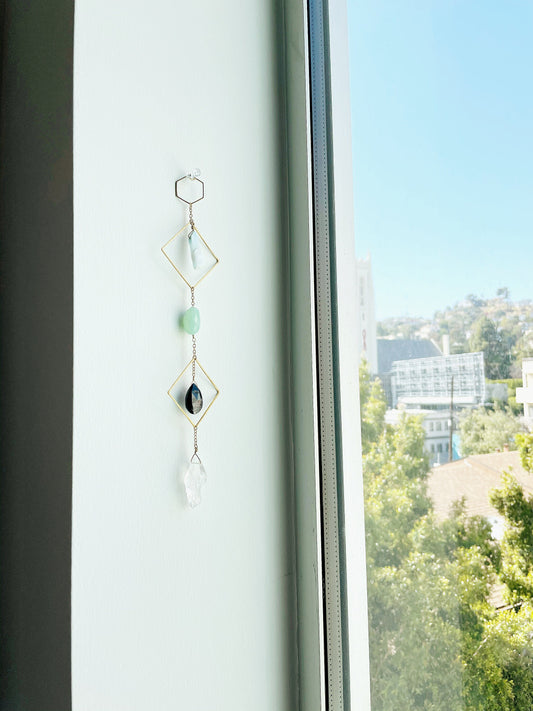 Modern Blue Crystal Wall Hanging Art - Sun Catcher with Larimar and Quartz