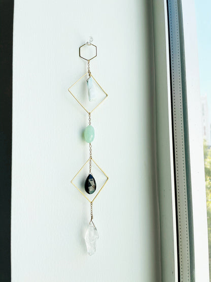Modern Blue Crystal Wall Hanging Art - Sun Catcher with Larimar and Quartz