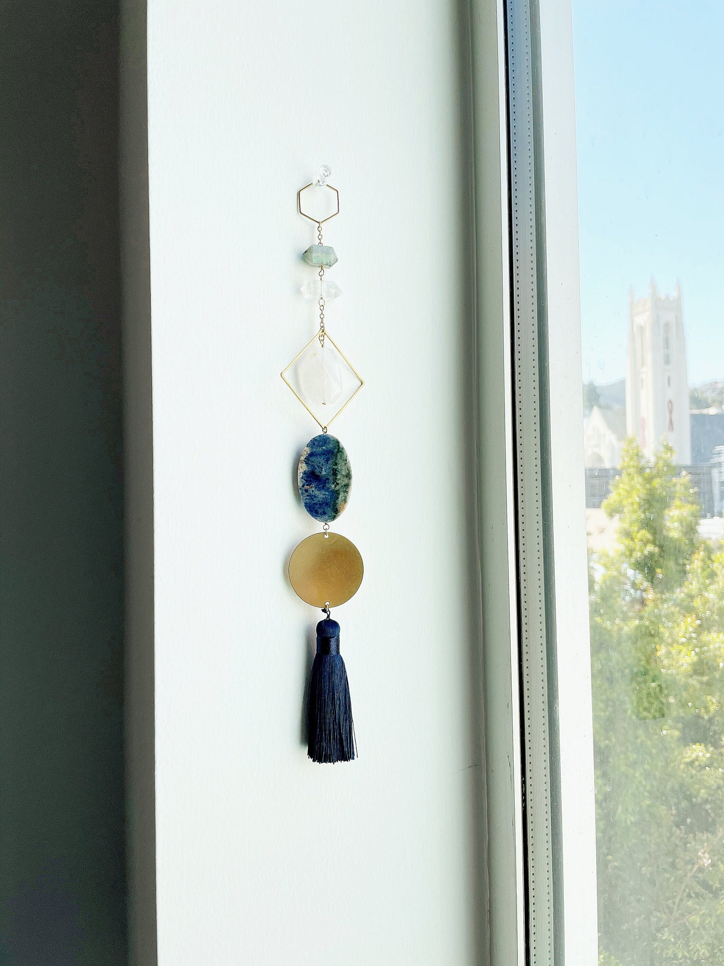 Brass Moon Wall Hanging Art - Moonstone Rose Quartz Lapis Lazuli