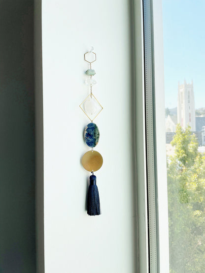 Brass Moon Wall Hanging Art - Moonstone Rose Quartz Lapis Lazuli