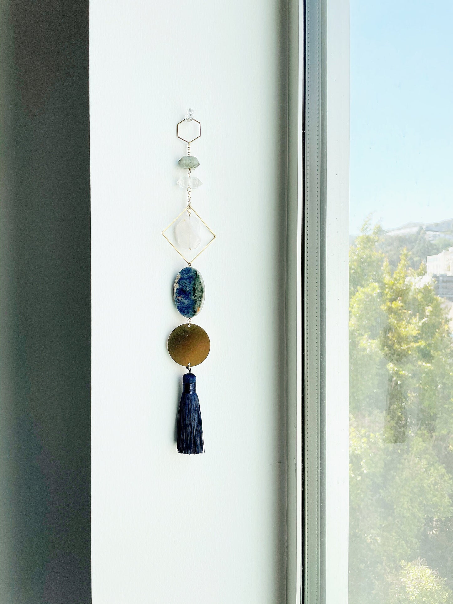 Brass Moon Wall Hanging Art - Moonstone Rose Quartz Lapis Lazuli