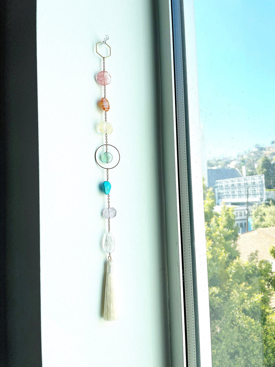 Modern Crystal Rainbow Brass Wall Hanging Art | Sun Catcher | Cherry Quartz Agate Amethyst