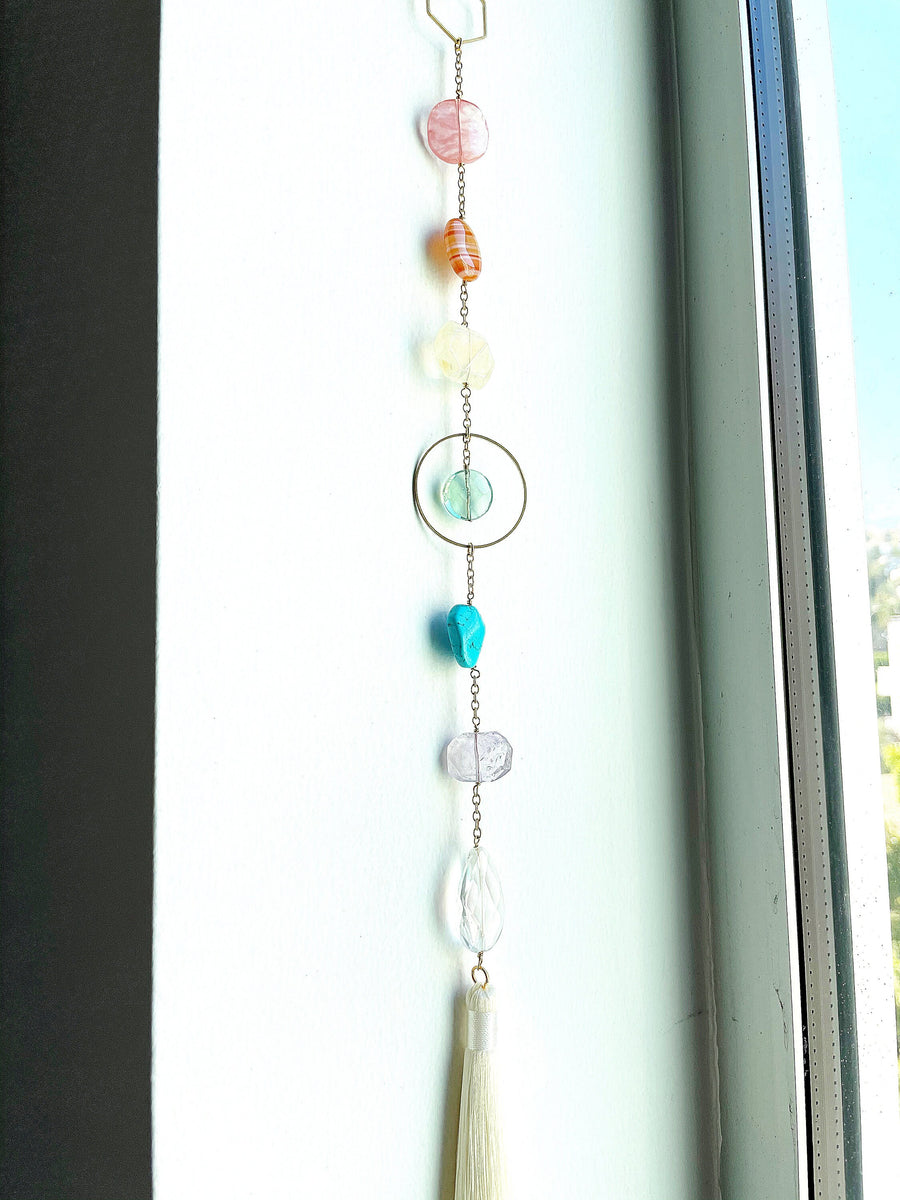 Modern Crystal Rainbow Brass Wall Hanging Art | Sun Catcher | Cherry Quartz Agate Amethyst