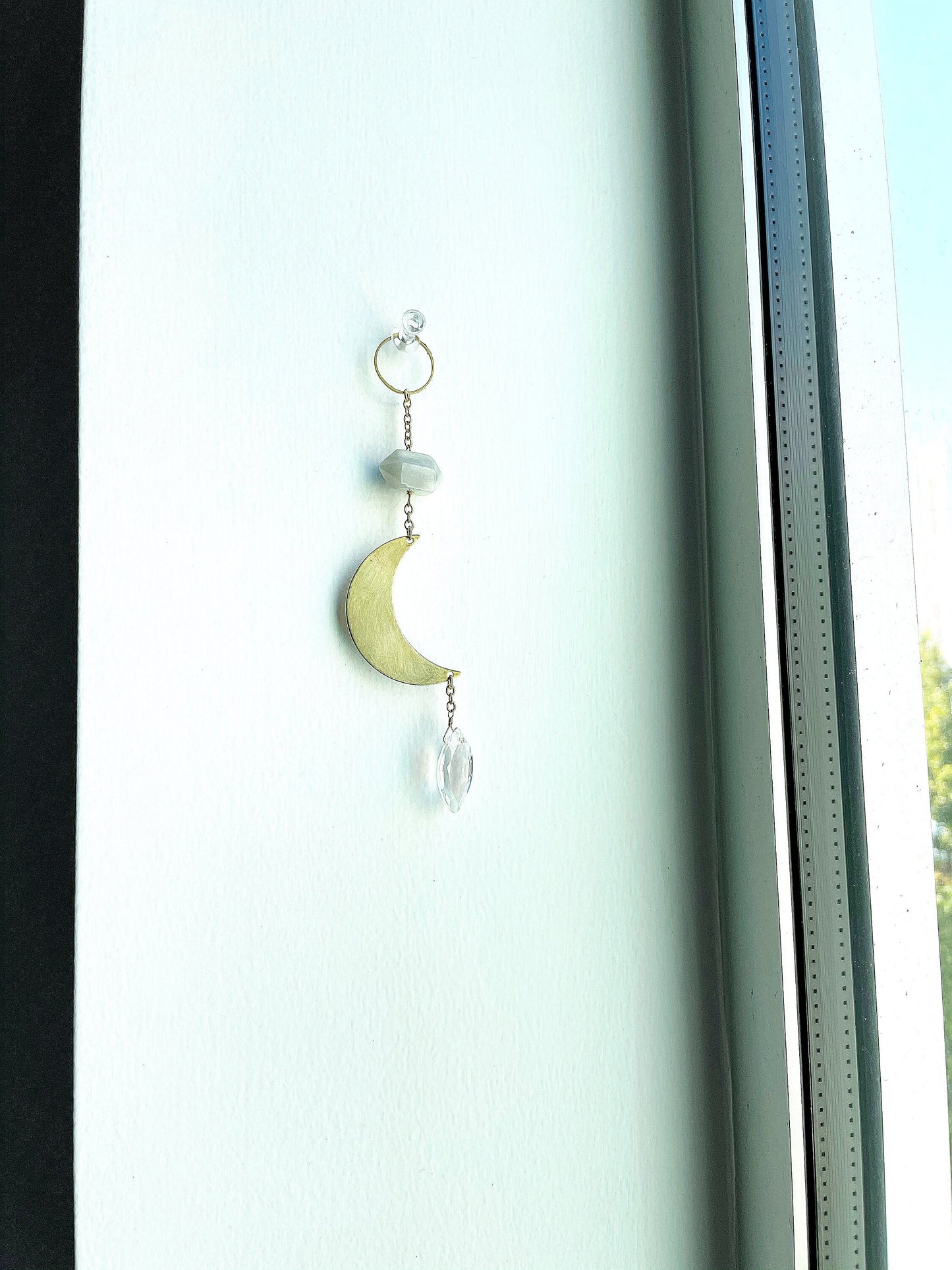 Modern Sun Catcher Light Catcher Brass Crescent Moonstone Clear Crystal Rock Quartz Wall Hanging Art Natural Clear Quartz and Gray Moonstone