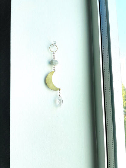 Modern Sun Catcher Light Catcher Brass Crescent Moonstone Clear Crystal Rock Quartz Wall Hanging Art Natural Clear Quartz and Gray Moonstone