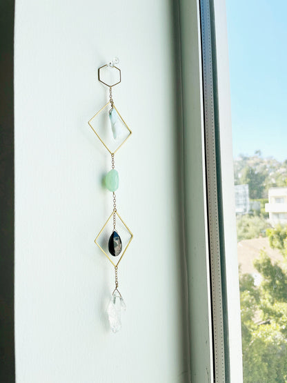 Modern Blue Crystal Wall Hanging Art - Sun Catcher with Larimar and Quartz
