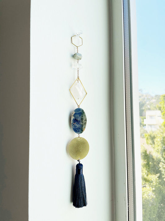 Brass Moon Wall Hanging Art - Moonstone Rose Quartz Lapis Lazuli