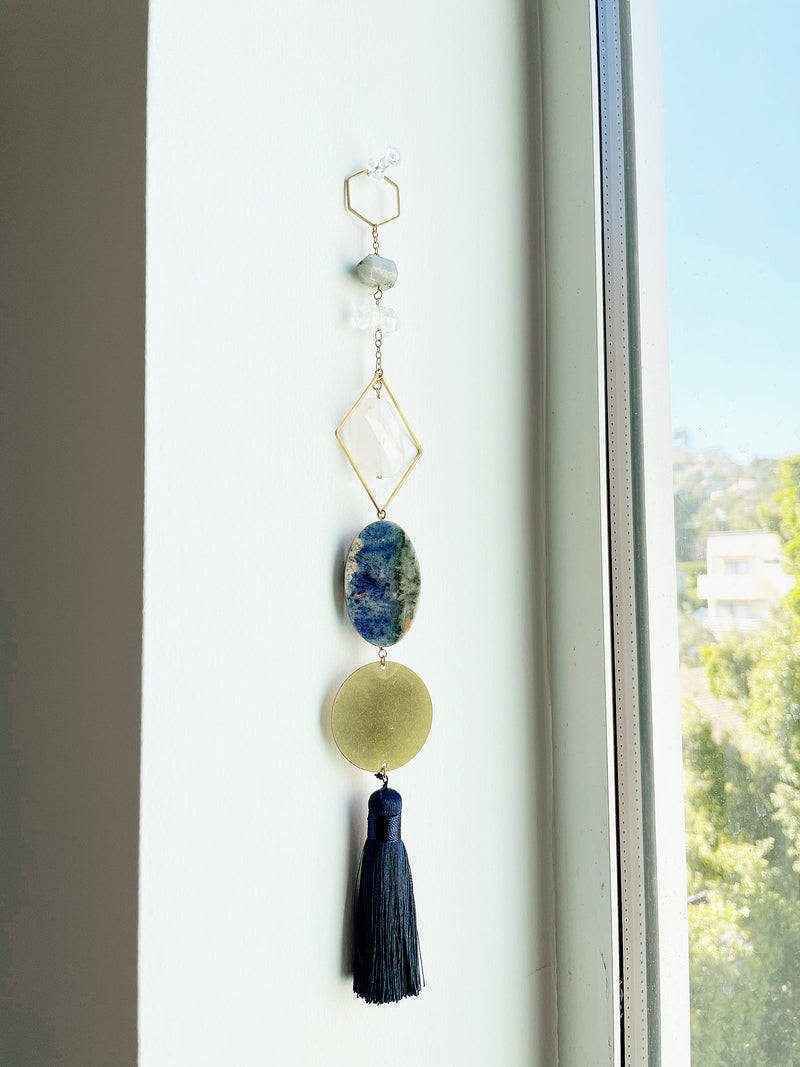 Brass Moon Wall Hanging Art - Moonstone Rose Quartz Lapis Lazuli