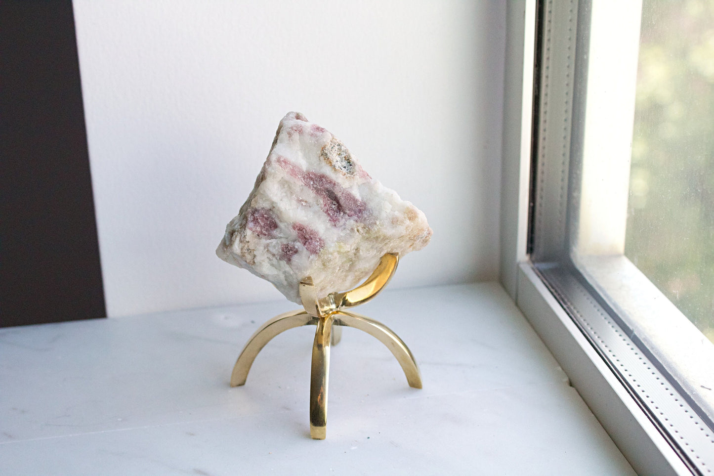 Pink Tourmaline Crystal on Brass Stand – Boho Gemstone Decor