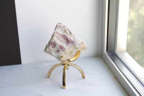Pink Tourmaline Crystal on Brass Stand – Boho Gemstone Decor