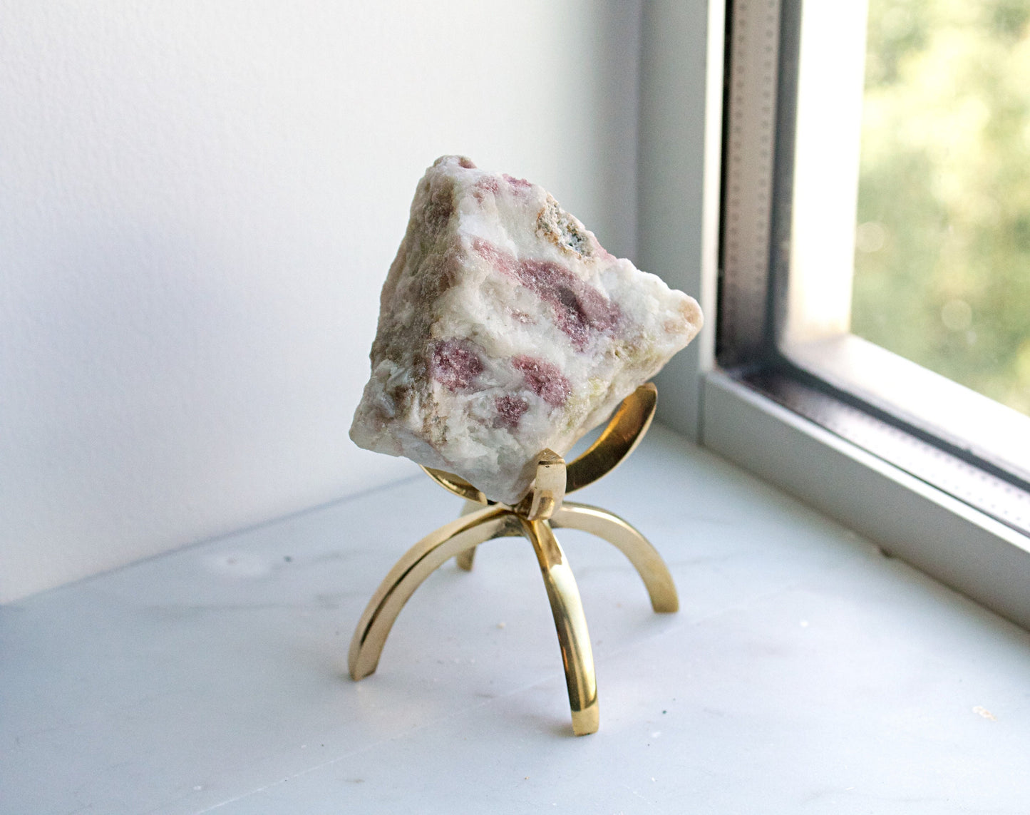 Pink Tourmaline Crystal on Brass Stand – Boho Gemstone Decor