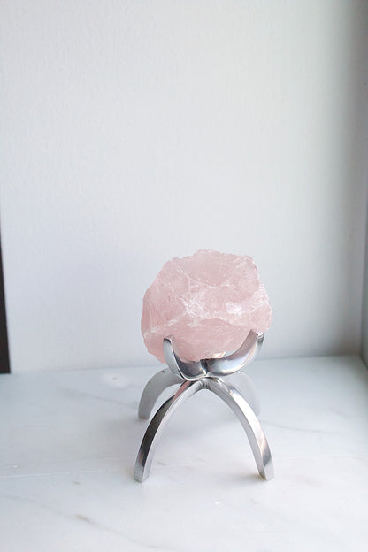 Pink Rose Quartz Crystal Mineral on Brass Modern Claw Display Stand Boho Decor Gemstone Display for Positive Energy Gift Idea Minimalist