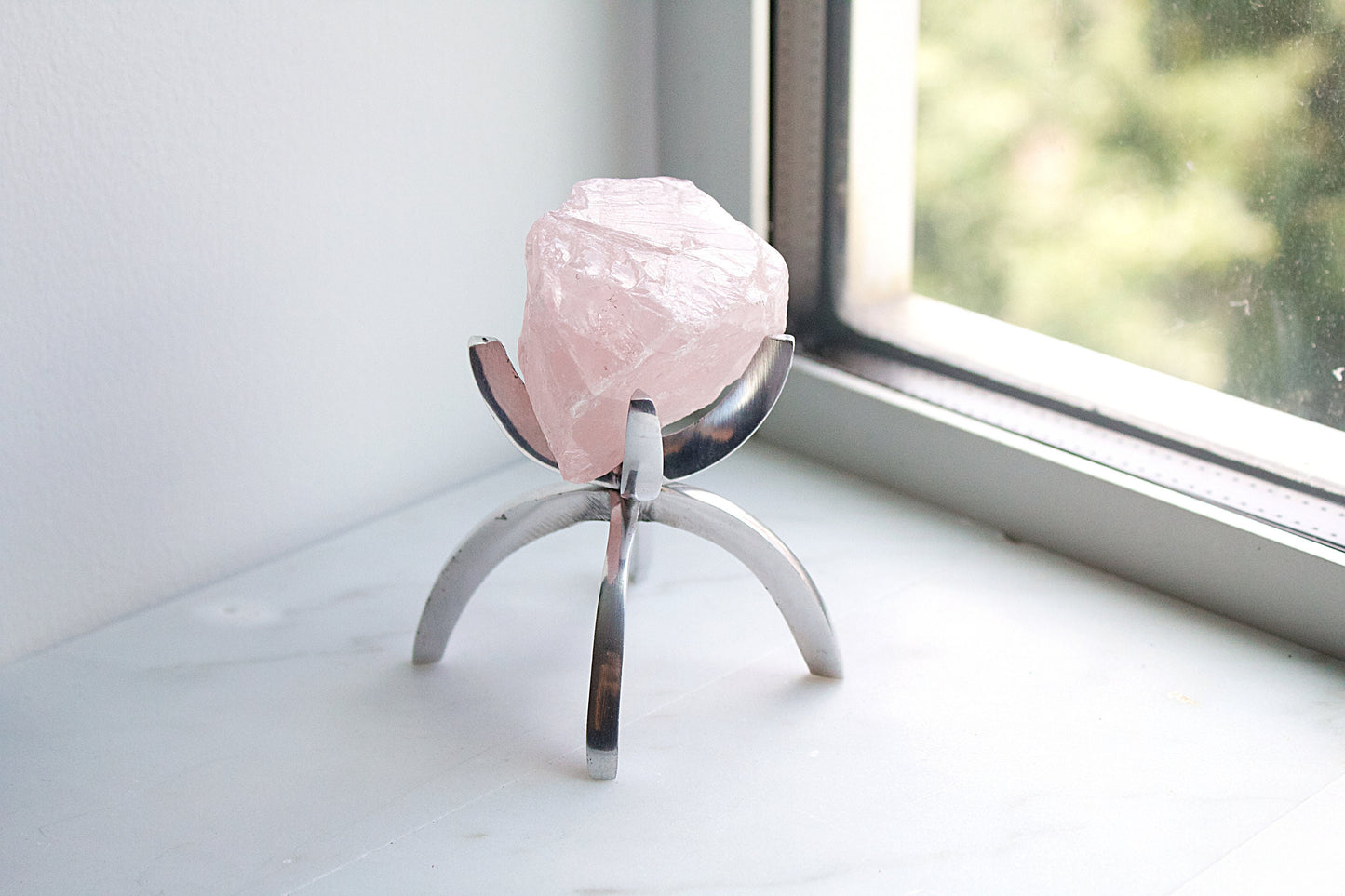 Pink Rose Quartz Crystal Mineral on Brass Modern Claw Display Stand Boho Decor Gemstone Display for Positive Energy Gift Idea Minimalist