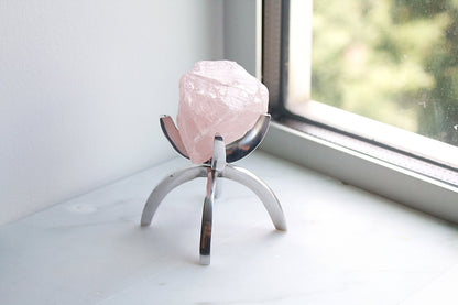 Pink Rose Quartz Crystal Mineral on Brass Modern Claw Display Stand Boho Decor Gemstone Display for Positive Energy Gift Idea Minimalist