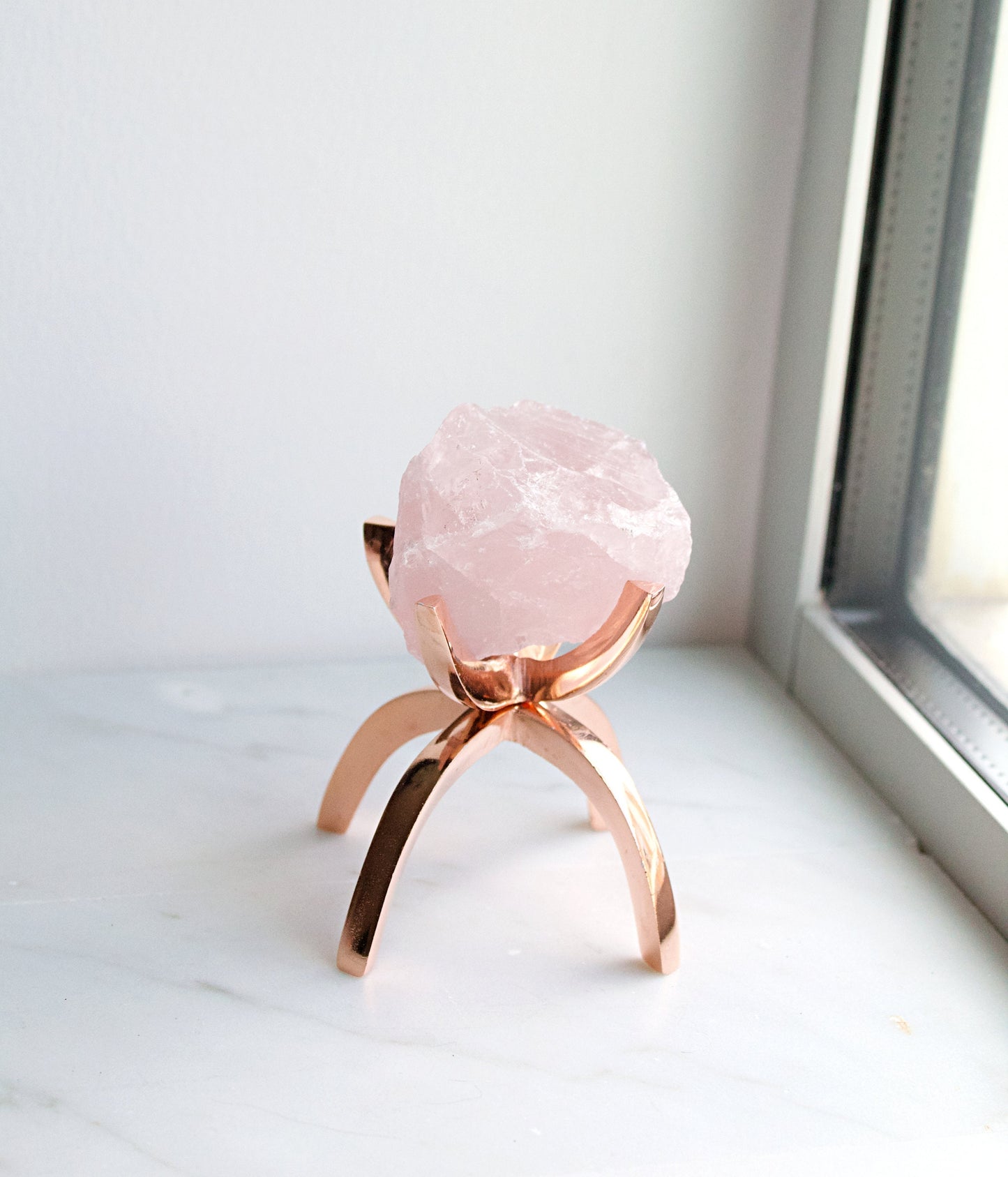 Pink Rose Quartz Crystal Mineral on Brass Modern Claw Display Stand Boho Decor Gemstone Display for Positive Energy Gift Idea Minimalist