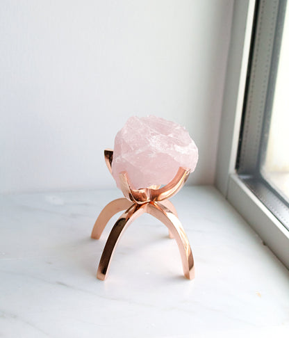 Pink Rose Quartz Crystal Mineral on Brass Modern Claw Display Stand Boho Decor Gemstone Display for Positive Energy Gift Idea Minimalist