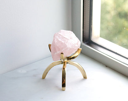 Pink Rose Quartz Crystal Mineral on Brass Modern Claw Display Stand Boho Decor Gemstone Display for Positive Energy Gift Idea Minimalist