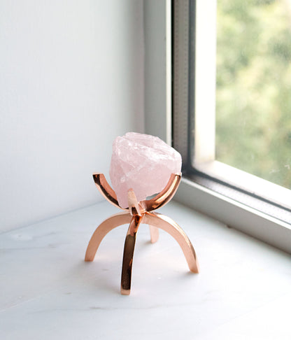 Pink Rose Quartz Crystal Mineral on Brass Modern Claw Display Stand Boho Decor Gemstone Display for Positive Energy Gift Idea Minimalist