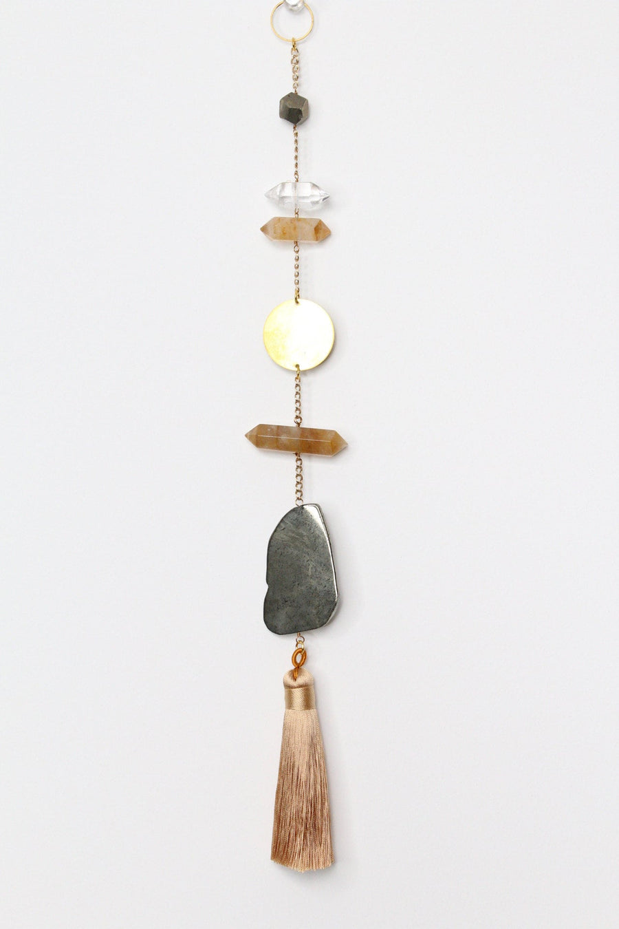 Brass Moon Wall Hanging Art with Crystal Sun Catcher Light Catcher Natural Crystal Sun Catcher Citrine Pyrite Clear Quartz for Abundance